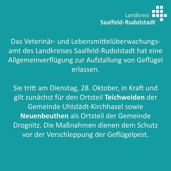Hinweis zur Aufstallung von Geflügel in Teichweiden und Neuenbeuthen